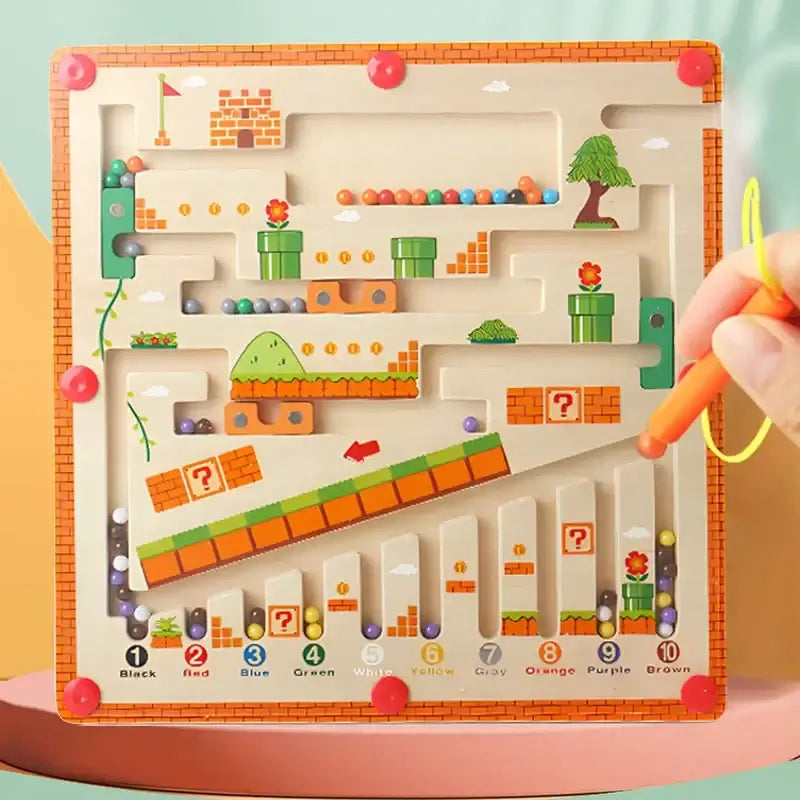 Wooden magnetic number maze educational toy for children featuring colorful pathways and a magnetic pen for interactive learning.