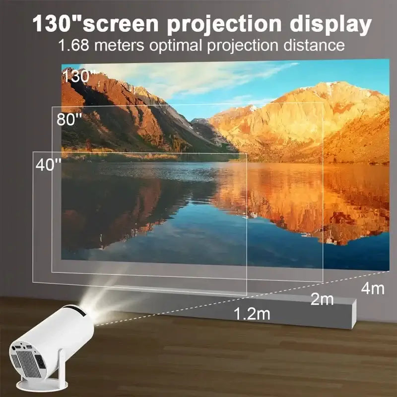 "130-inch screen projection display with optimal distance chart for a portable 4K Android projector in a home cinema setup"