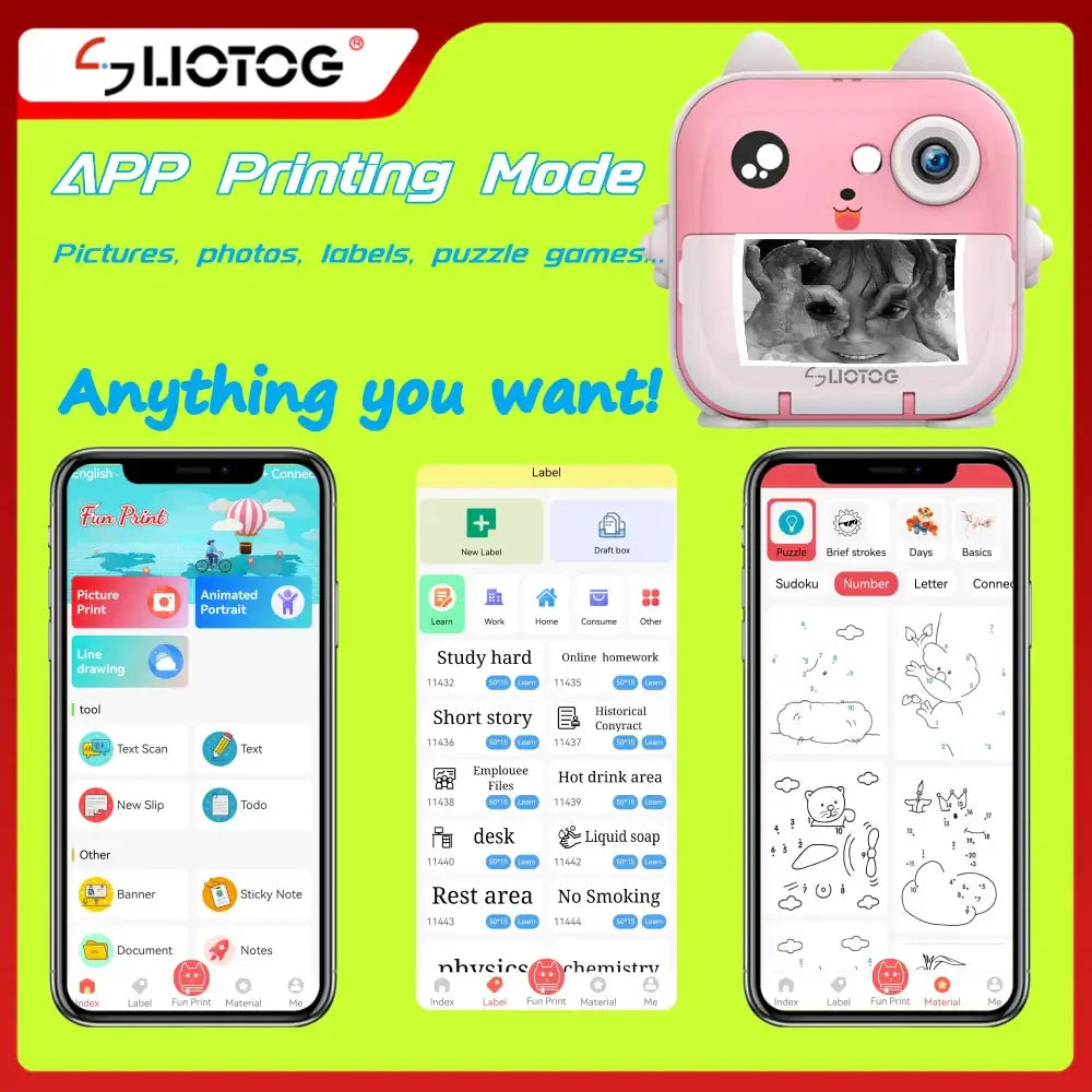Children digital camera with app printing mode featuring customizable labels and games, compatible with smartphones.