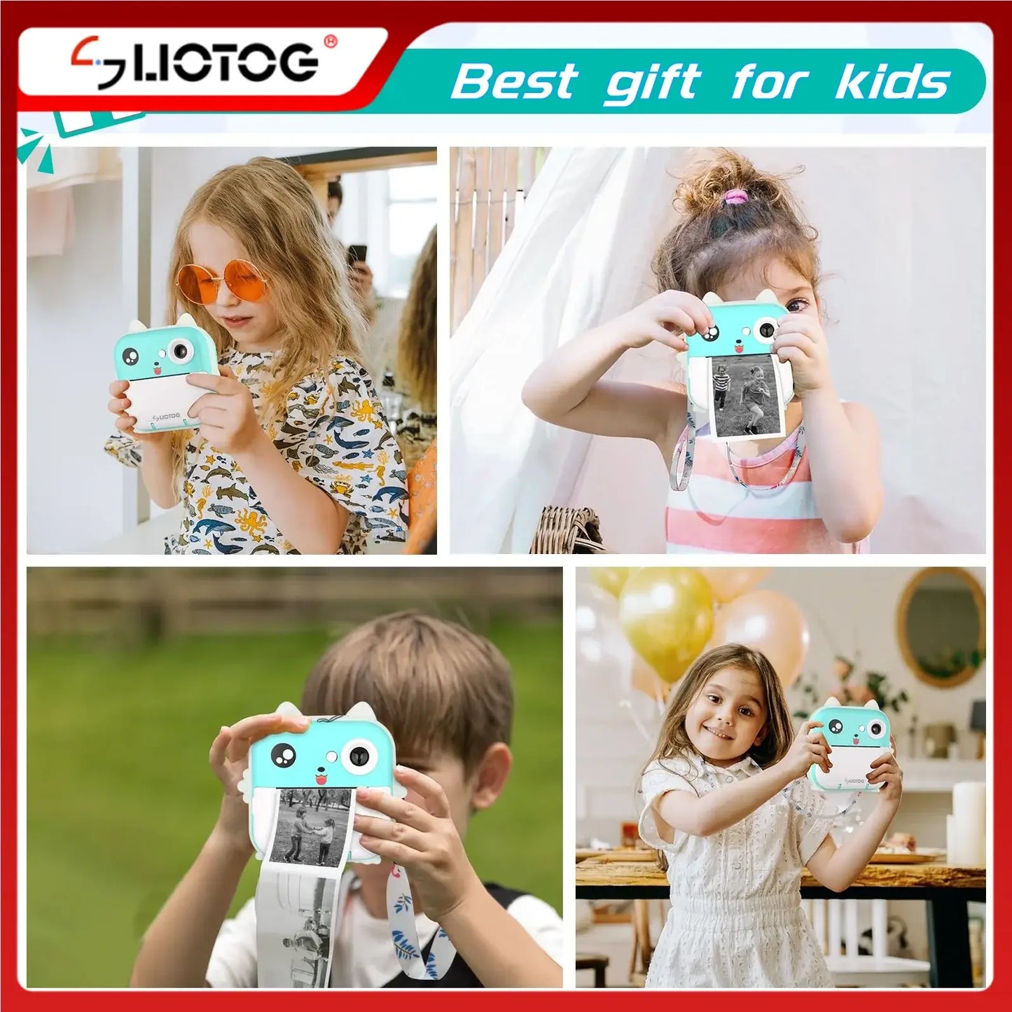 Children enjoying with digital camera toys, perfect gifts for kids capturing and printing photos instantly.