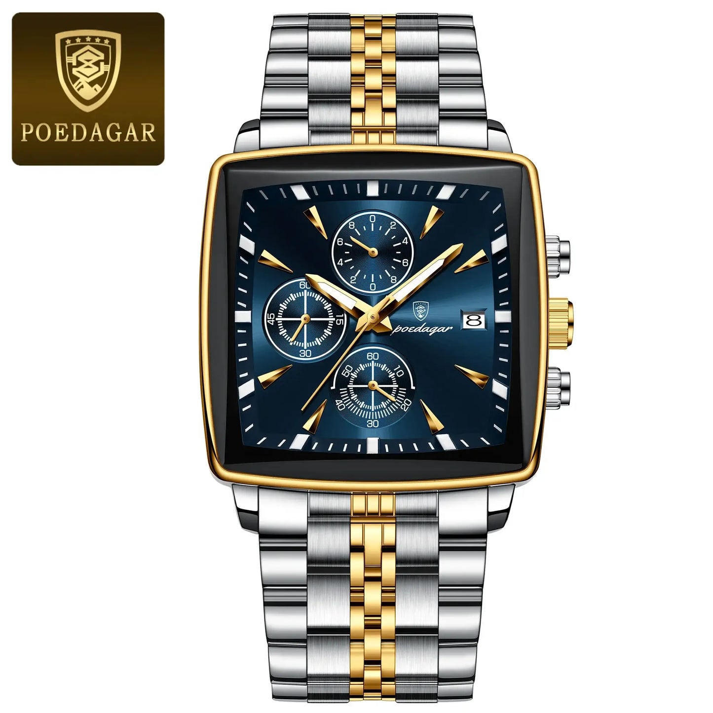 POEDAGAR luxury square men's wristwatch with stainless steel and gold accents, waterproof luminous chronograph features.