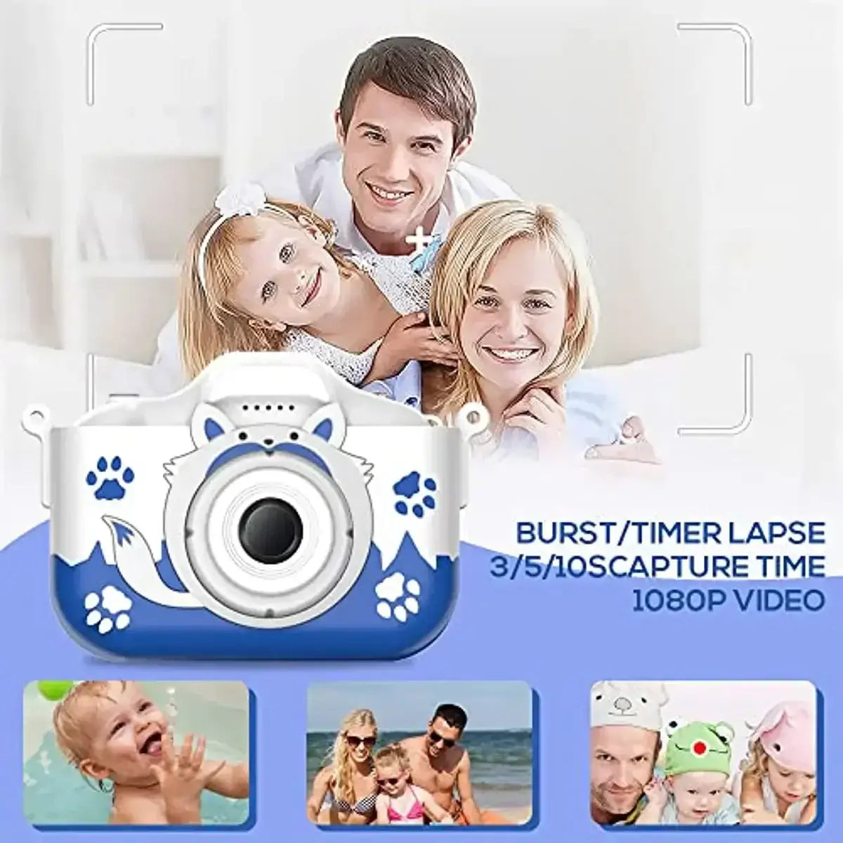 HD 1080P kids digital camera with cute design and family enjoying photography together, showcasing burst and timer features.