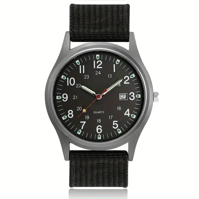 Stylish men's quartz watch with luminous hands, big dial, and black fabric strap, perfect for casual or formal wear.