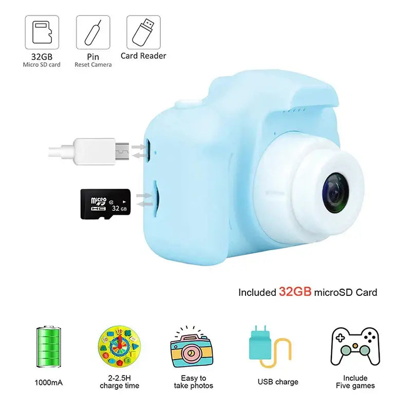 Blue kids camera toy with 32GB microSD card, USB charging, and included features for easy outdoor photography and learning.