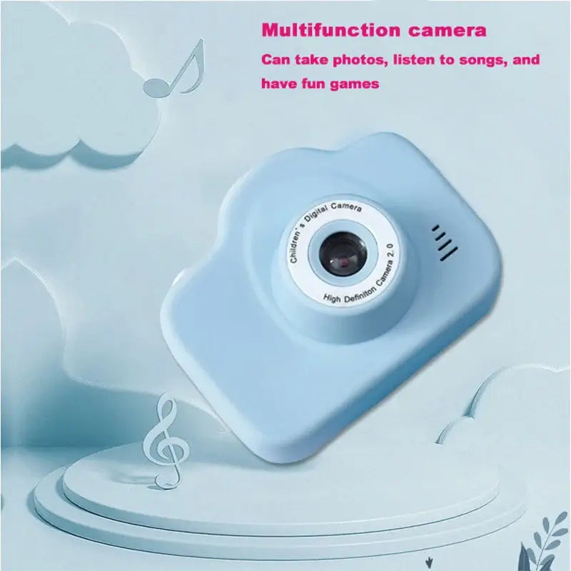 Kids multifunctional digital camera in blue, capable of taking photos, playing music, and offering fun games.