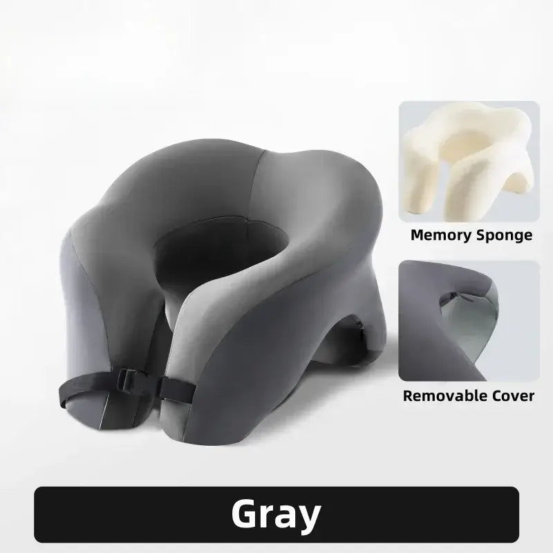 Gray portable U-shaped travel pillow with memory foam, removable cover, and ergonomic design for ultimate comfort.