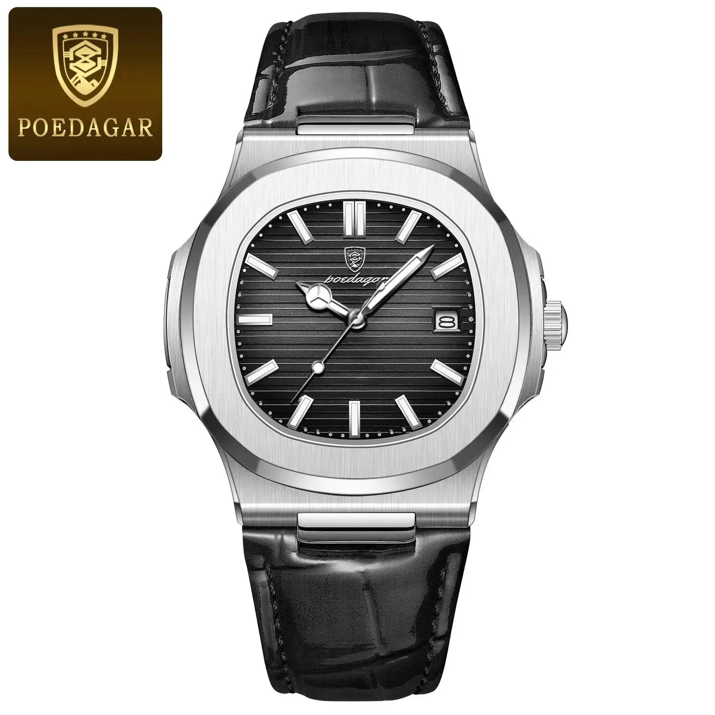 POEDAGAR Luxury Waterproof Square Men's Watch with Luminous Features and High-Quality Leather Band, Black Dial Design.