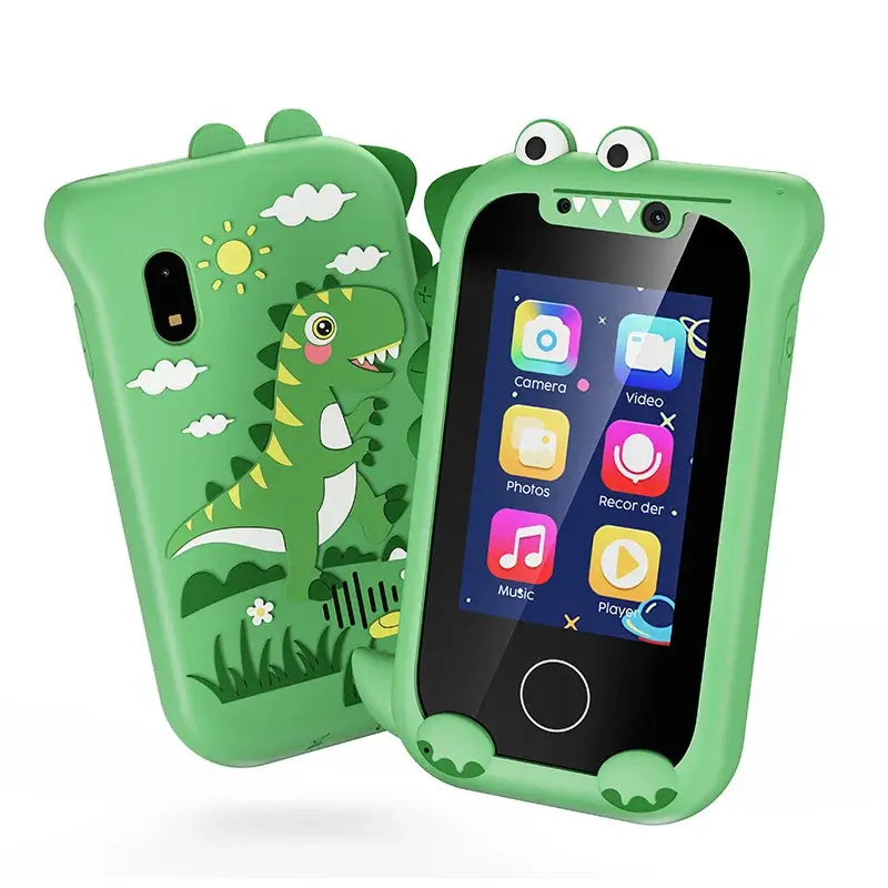 Kids smartphone toy featuring a dinosaur design, HD screen, and colorful icons for educational play and creativity.