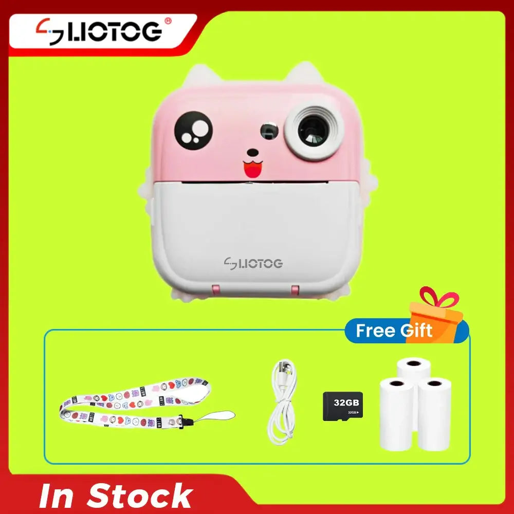Children's 1080P HD digital camera with accessories including strap, charging cable, 32GB card, and print paper. Perfect gift for kids.