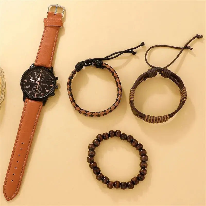 New luxury men’s quartz watch with brown leather band and stylish bracelet set on a beige background.