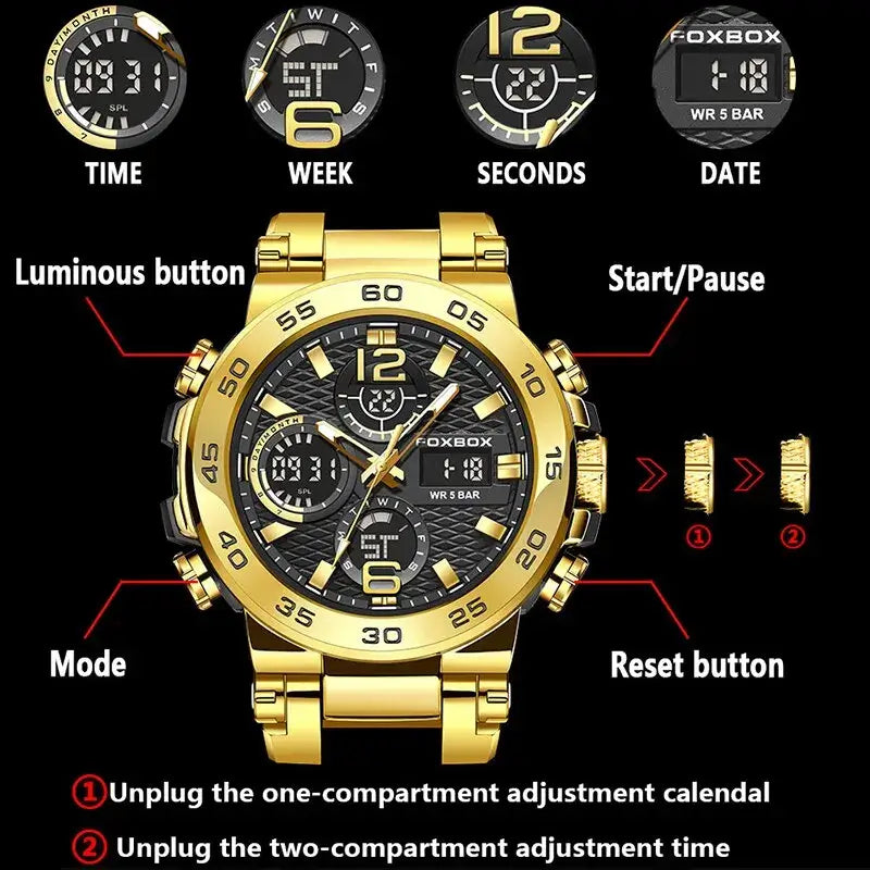 FOXBOX men's luxury sport watch features luminous buttons, multiple modes, and a waterproof depth of 5BAR for outdoor activities.
