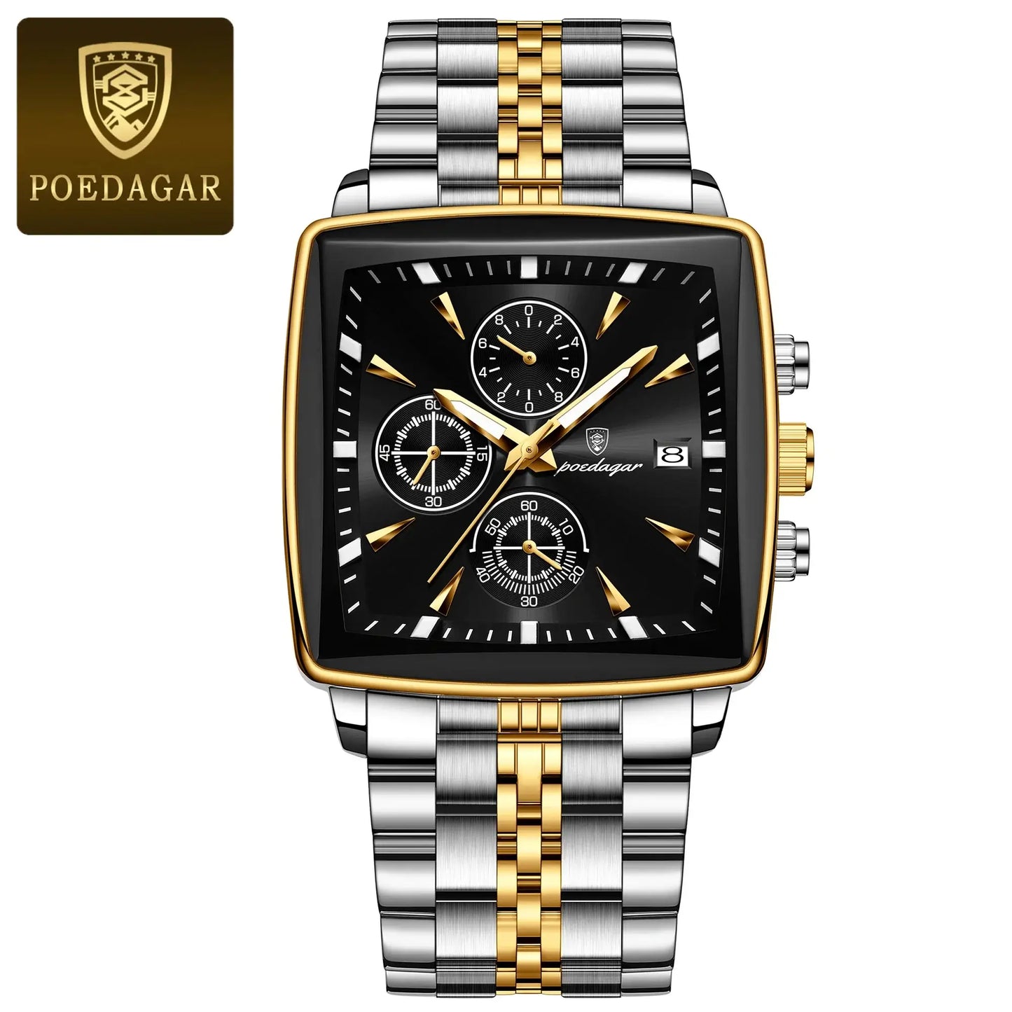 POEDAGAR luxury square sport watch with black dial, gold accents, stainless steel band, and chronograph features. Waterproof and luminous.