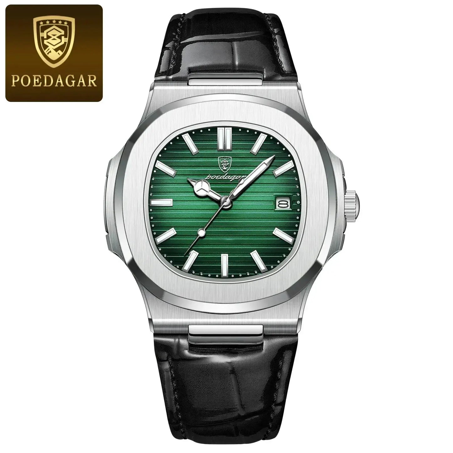 POEDAGAR luxury square men's watch with green dial, leather strap, date feature, and waterproof design.