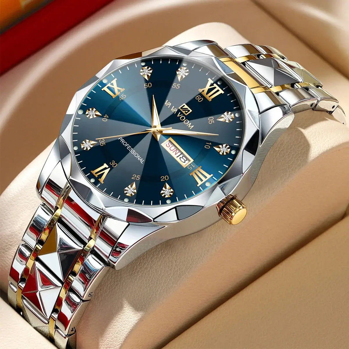 Luxury blue and gold men's watch with diamond accents and double calendar feature on a beige display cushion.