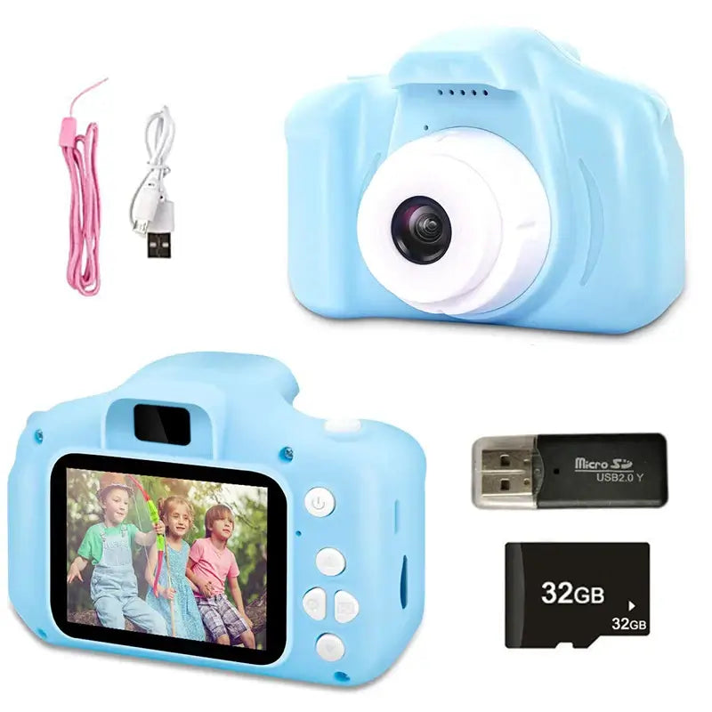 Blue kids camera toy with selfie feature and LCD screen, includes USB cable, memory card, and USB adapter for outdoor photography.