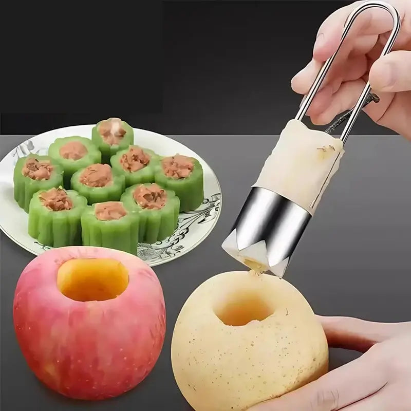 Stainless steel fruit corer tool hollowing out apples and pears, creating stuffed fruit delicacies.