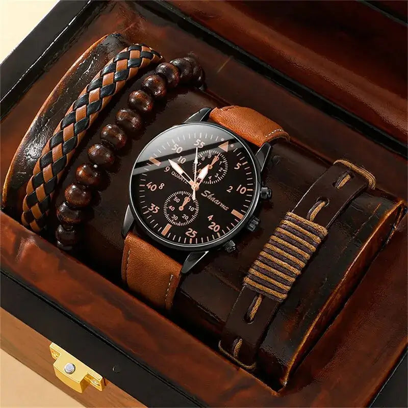 Luxury men's watch with brown leather band and stylish bracelet set in elegant wooden box. Perfect gift for fashion business.