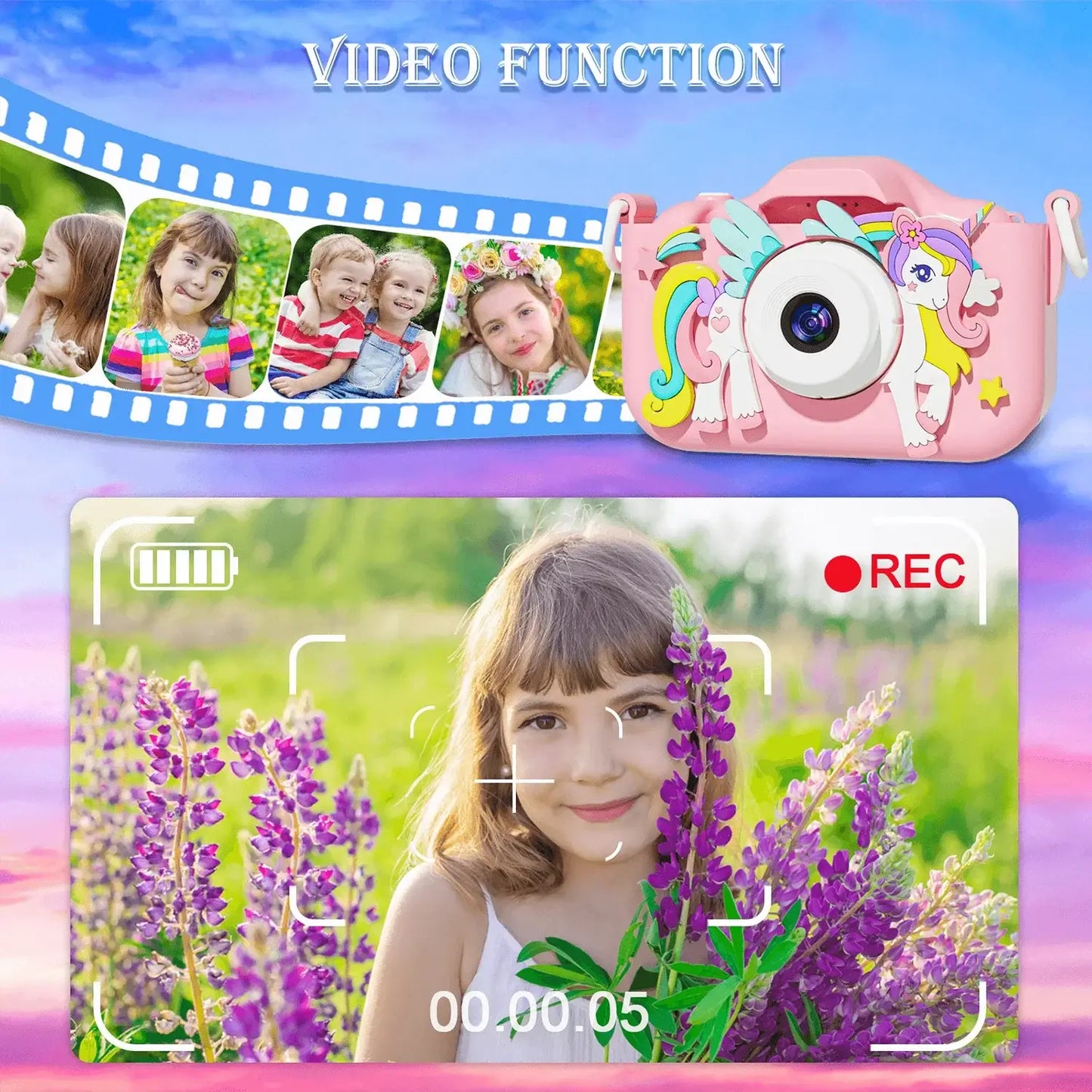 Kids mini camera with cartoon unicorn design for recording videos, featuring a young girl in a flower field on the screen display.