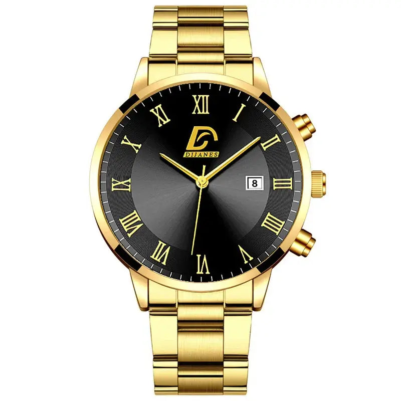 Men's luxury gold stainless steel quartz watch with black dial and complete calendar feature.