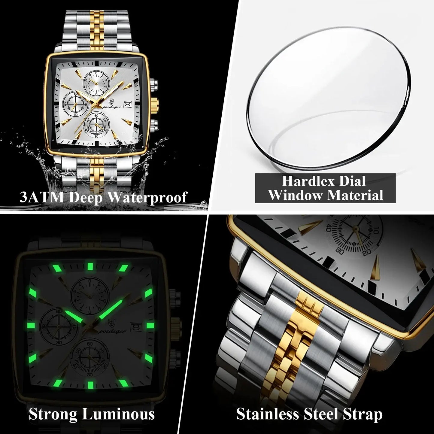 POEDAGAR luxury square men's wristwatch features waterproof design, luminous dial, stainless steel strap, and hardlex material.