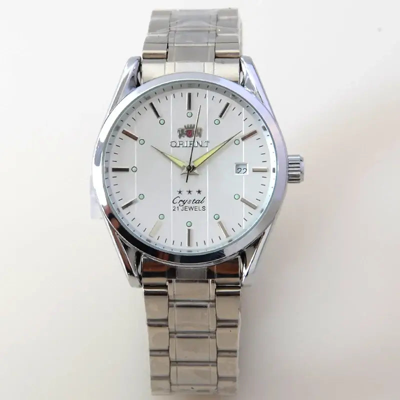 Orient Men's Watch with Silver Stainless Steel Band and White Dial, 21 Jewels Automatic Movement.