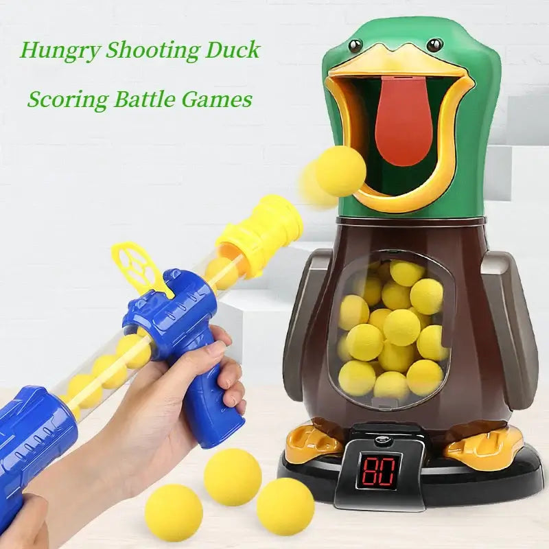 Air-powered gun and duck target toy for kids, featuring soft foam balls and electronic scoring display. Fun family game.
