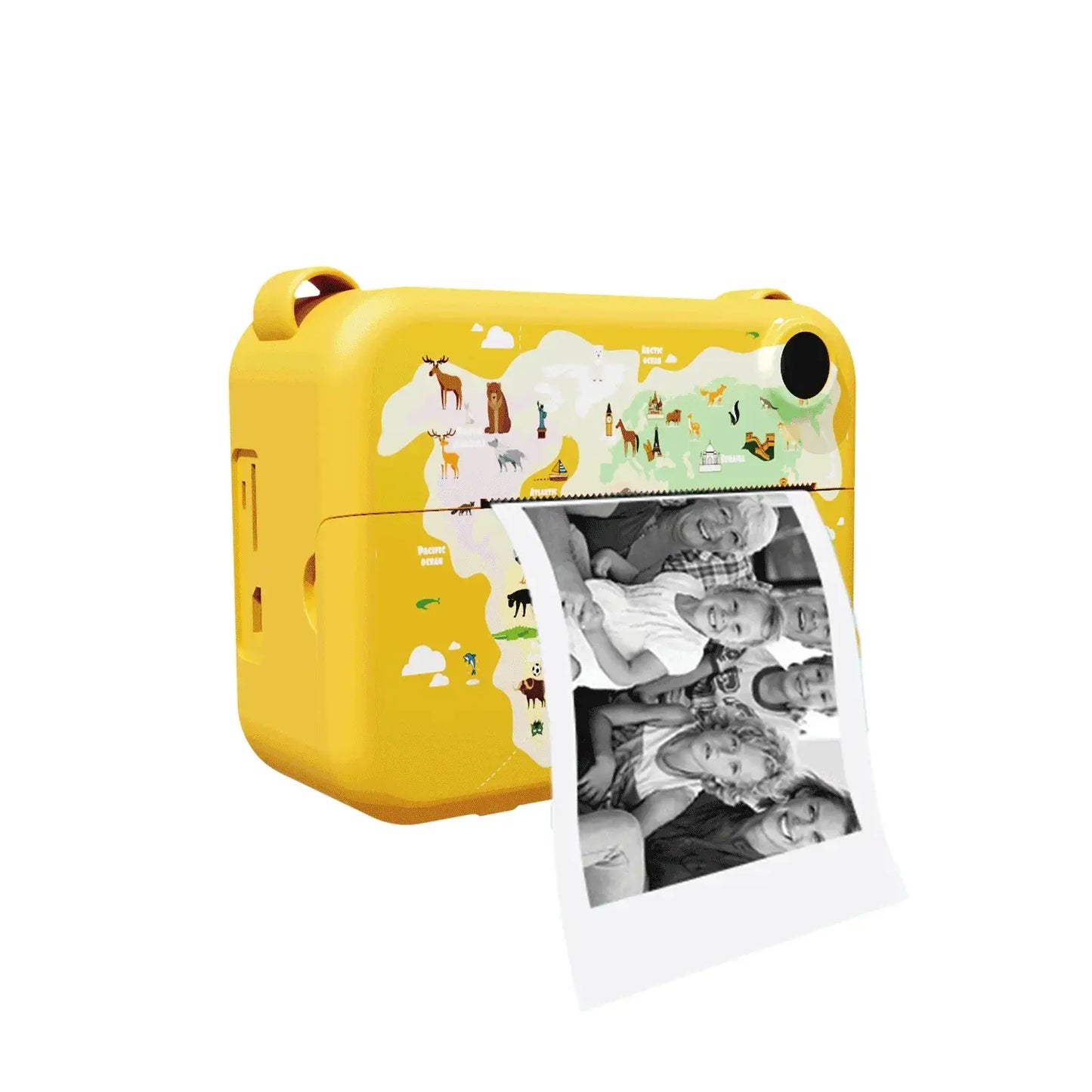Yellow digital camera printer with photo printing in action, perfect for kids' photography and memory recording.