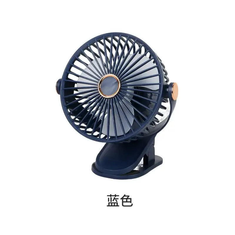 360° rotatable portable clip-on fan in blue, featuring 5-speed settings and USB charging for quiet operation.