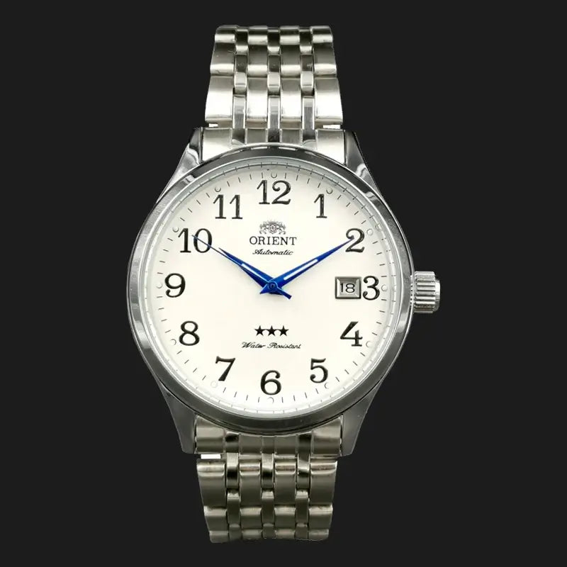 Orient Automatic Mechanical Men's Watch with Silver All-Steel Bracelet and Elegant White Dial.
