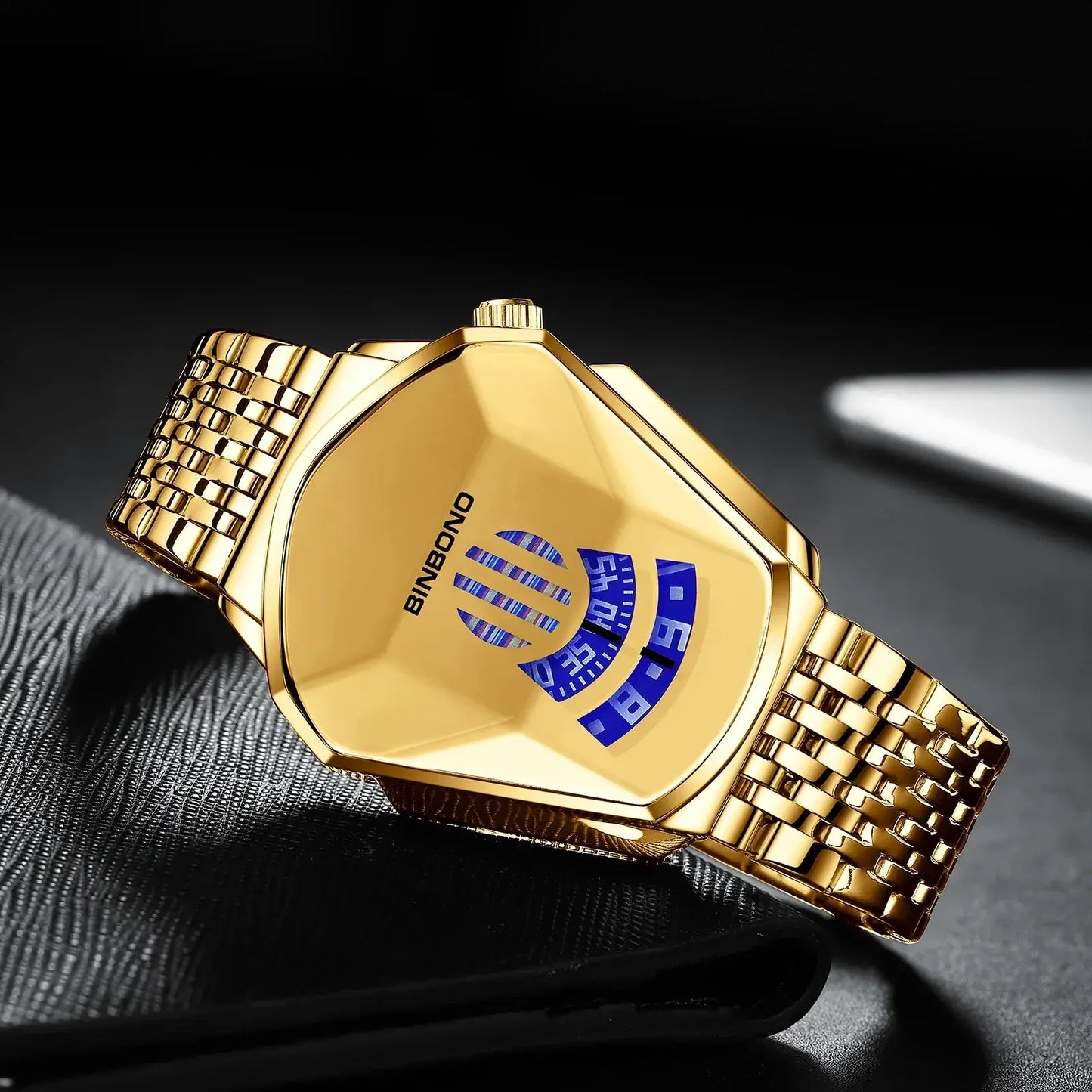 Stylish BINBOND men's wrist watch in gold with blue display and mesh band, showcasing luxury design and quartz movement.