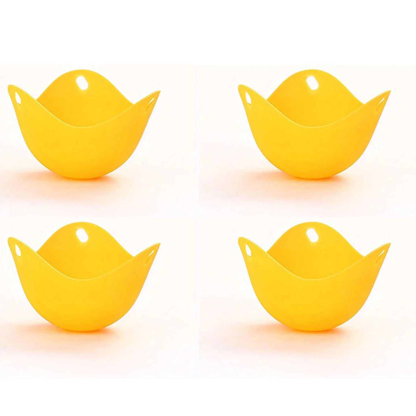Yellow silicone egg poacher cups for microwave and stovetop cooking, set of four.