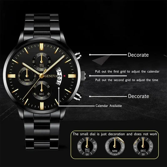 Black stainless steel luxury watch with complete calendar, quartz movement, and hardlex dial for men.