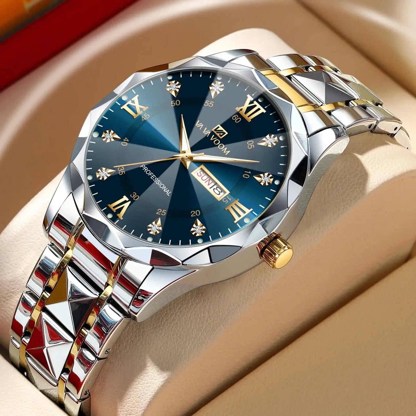 Luxury men's watch with blue dial and gold accents, featuring double calendar and stainless steel bracelet, ideal for business wear.