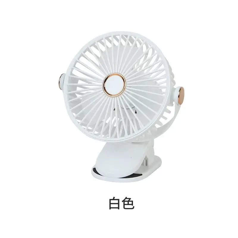 360° rotatable portable clip-on white table fan with 5 speeds, USB charging, quiet operation, and LED light.