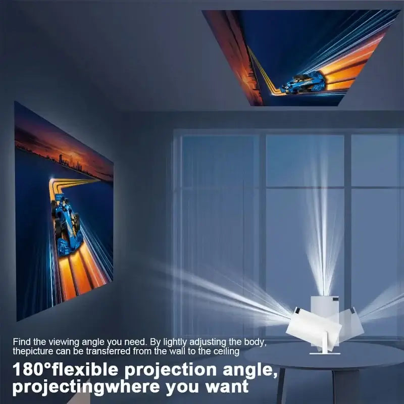 180-degree flexible projector displaying images on wall and ceiling in a modern living room.