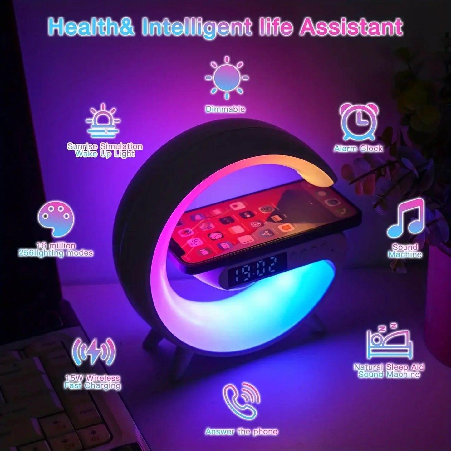 15W Wireless Charger Station Multifunction RGB Desk Lamp Alarm Clock Speaker.