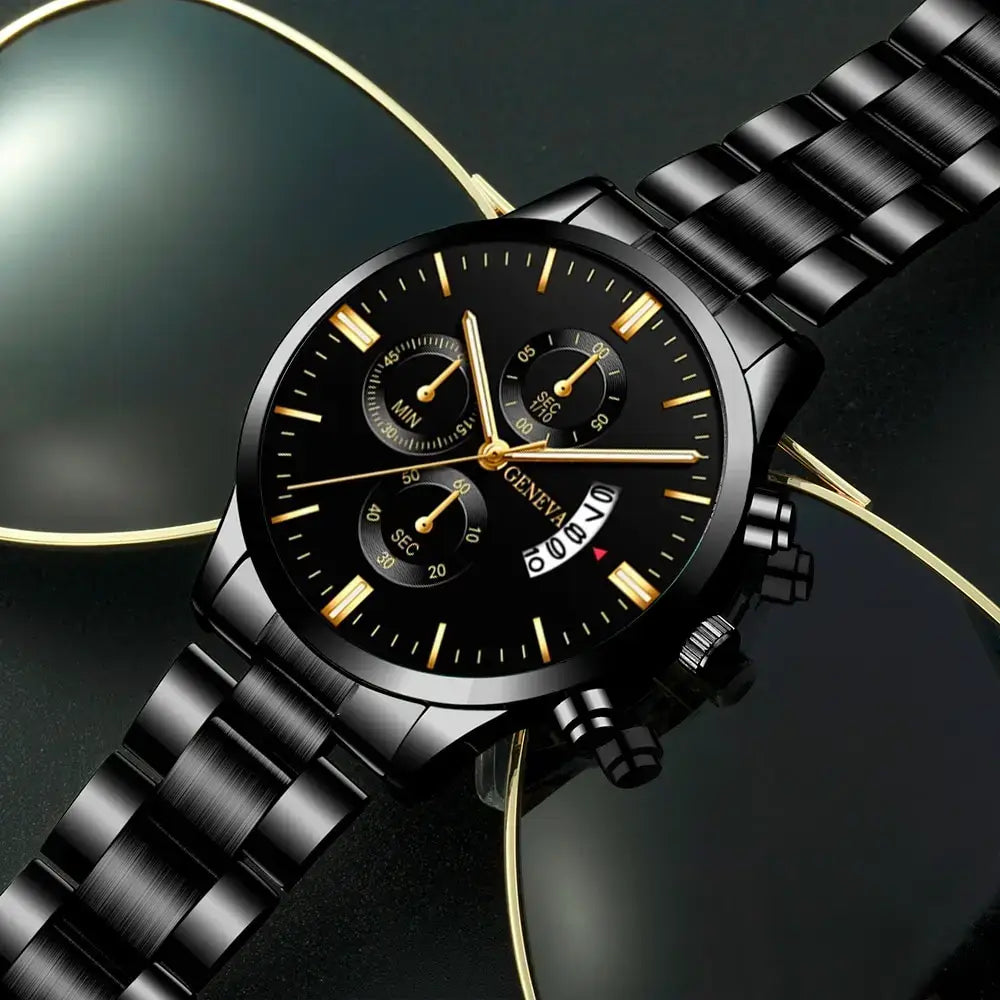Luxury men’s black stainless steel watch with chronograph features and a complete calendar, set against stylish sunglasses.