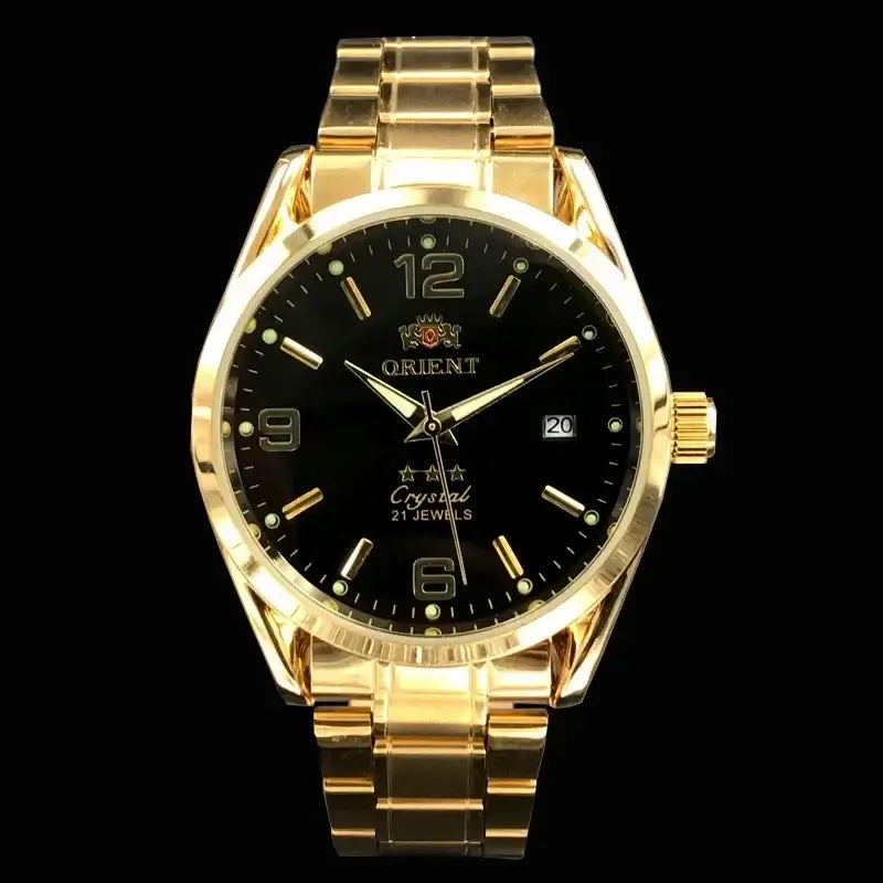 Orient luxury automatic mechanical watch with gold stainless steel band and black dial, featuring 21 jewels and date display.