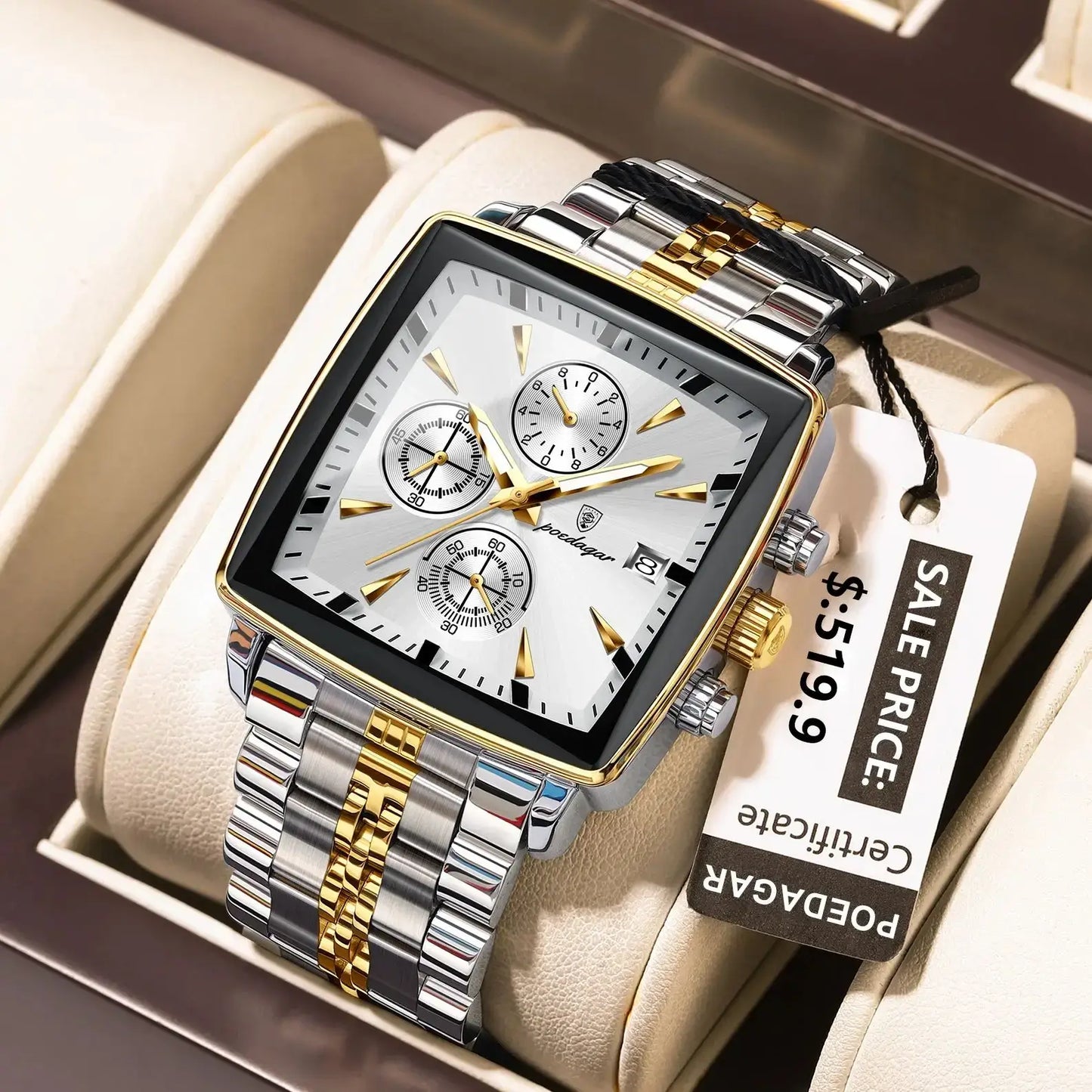 POEDAGAR luxury square sport wristwatch with luminous chronograph on display, featuring a stainless steel band and price tag.