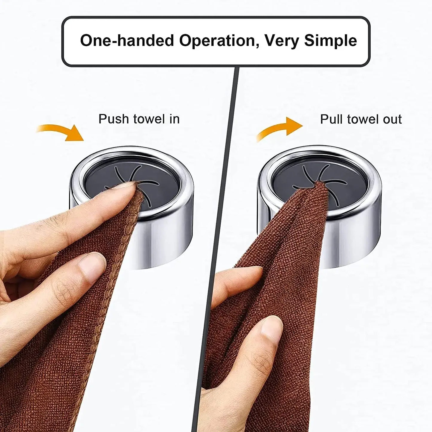 Demonstration of one-handed operation using a dishcloth with a non-punching wall-mounted clip for easy towel storage.