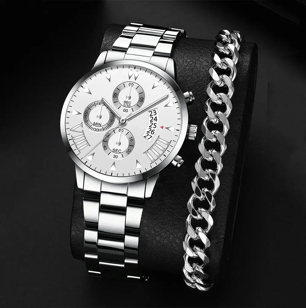 Luxury men's stainless steel quartz watch with calendar and chain bracelet on a black display surface.