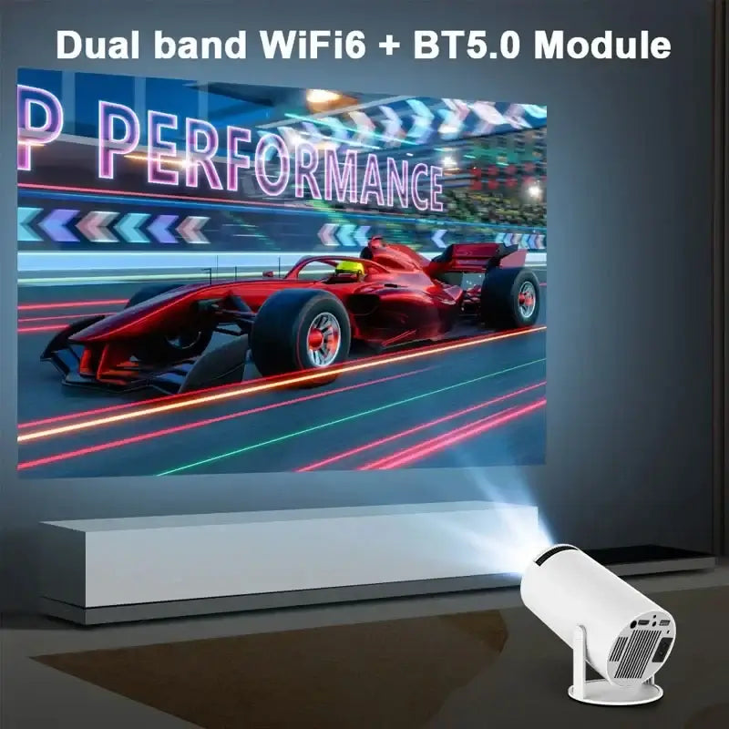 "Android 11 4K projector showcasing racing car with dual band WiFi6 and BT5.0 features for home cinema setup."