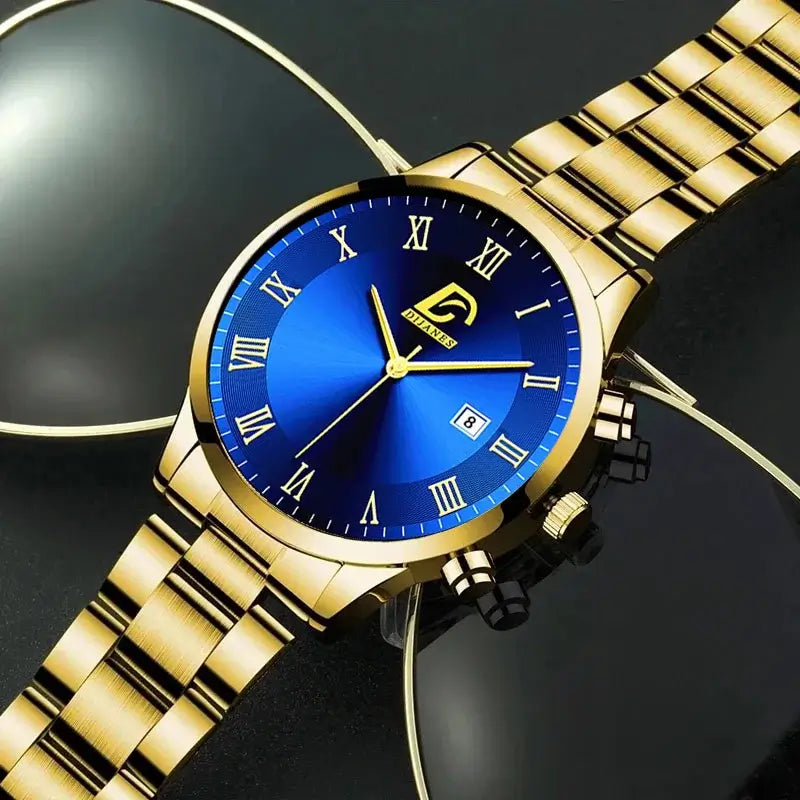 Men's luxury gold stainless steel quartz watch with blue dial and Roman numerals for business and casual wear.