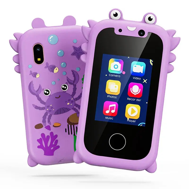 Kids smart phone toy in purple crab design with playful graphics and a colorful touch screen, perfect for imaginative play.