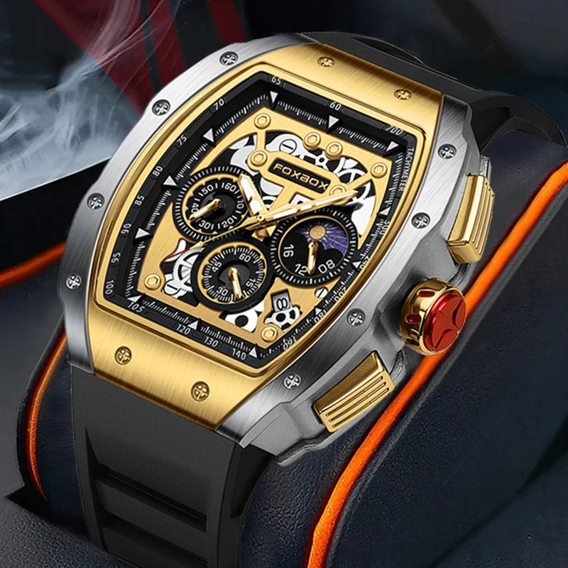 FOXBOX luxury men's chronograph watch featuring a golden bezel and silicone strap, designed for style and performance.