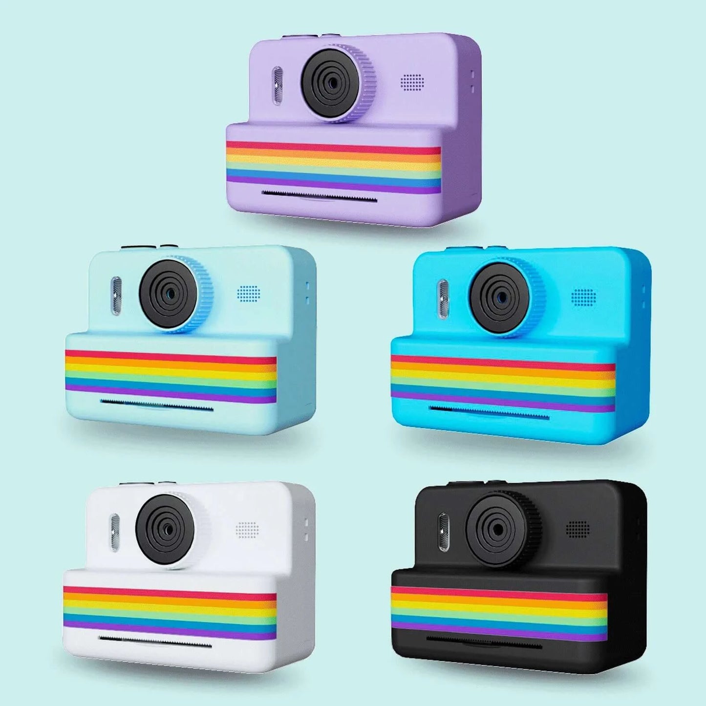 Colorful instant print cameras with large screens, perfect for kids' outdoor photography and HD digital video recording.