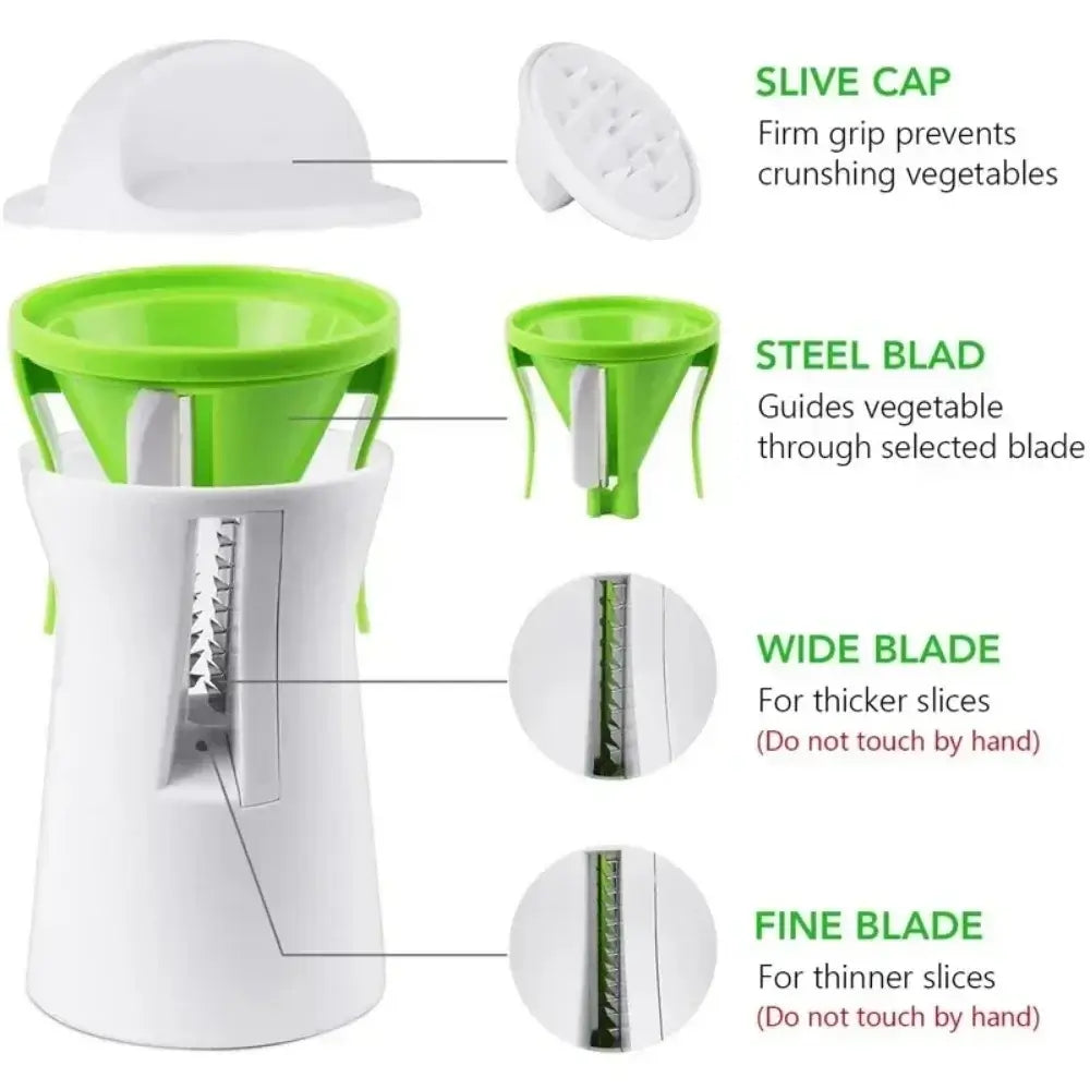 Heavy Duty Spiralizer Vegetable Slicer with slive cap, steel blade, wide blade, and fine blade for easy vegetable slicing.
