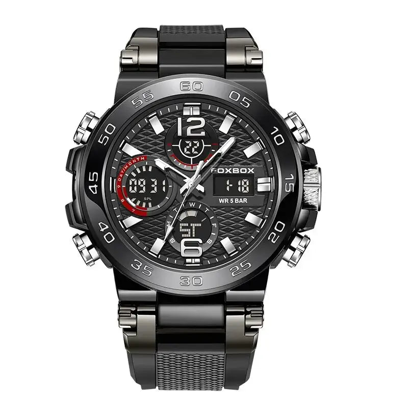 FOXBOX men's luxury diver watch with luminous hands, stainless steel case, and 5BAR waterproof rating.