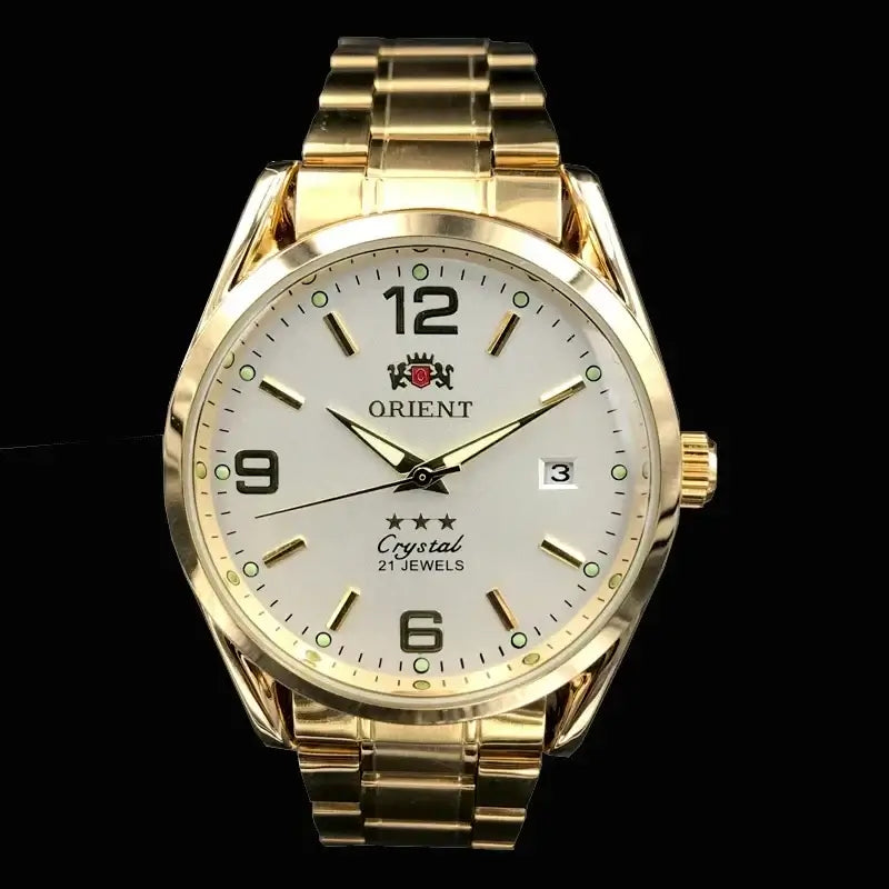 Orient luxury men's watch with gold steel bracelet, automatic mechanical movement, and crystal face.