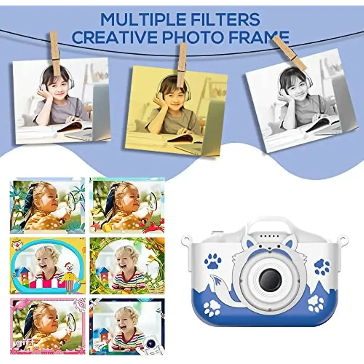 HD 1080P kids digital camera with multiple photo filters and creative frames for fun photography experiences.